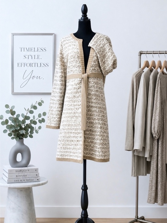 I.E. Relaxed Sweaters - Beige/Gray/Cream Knit/Wool Long Open Front Cardigan with Attached Tie Belt